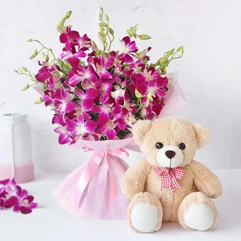 Purple Orchid Bouquet and Soft Toy