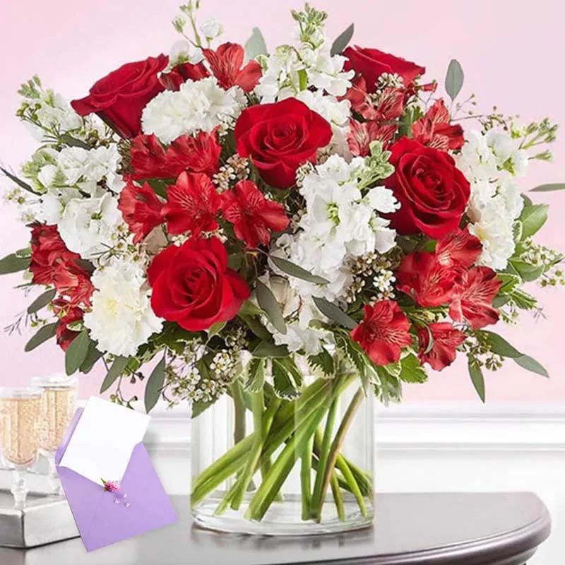 Red N White Flower in Vase with Greeting Card