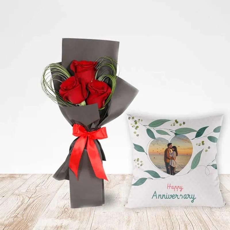 Red Roses Bouquet and Personalised Cushion