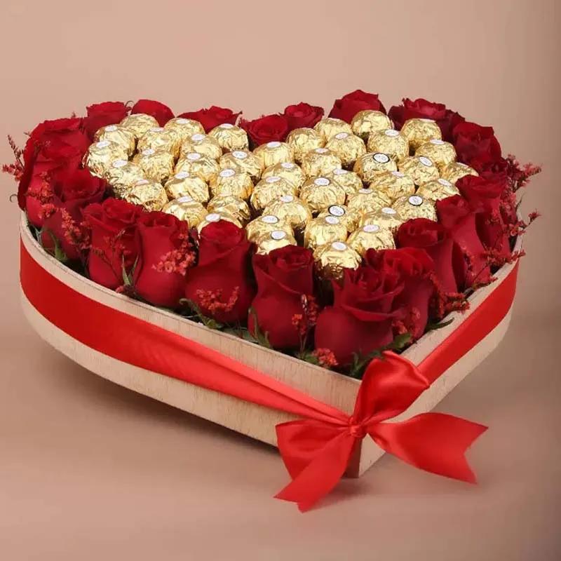 Red Roses N Ferrero In Heart Shape Wooden Box