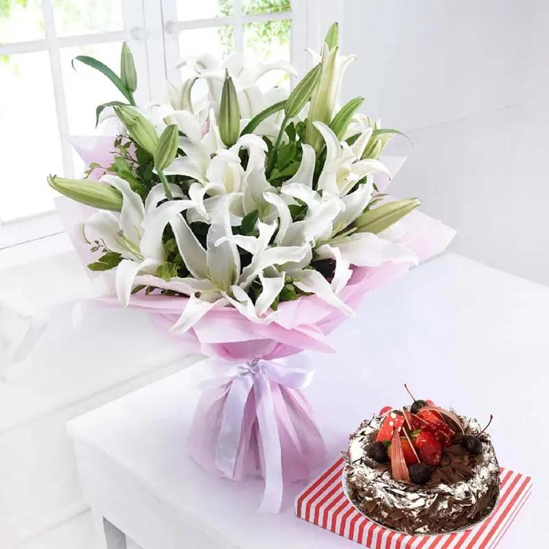 White Lilies Bunch with Black Forest Cake