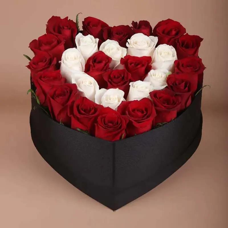 White N Red Roses in Black Heart Shape Box