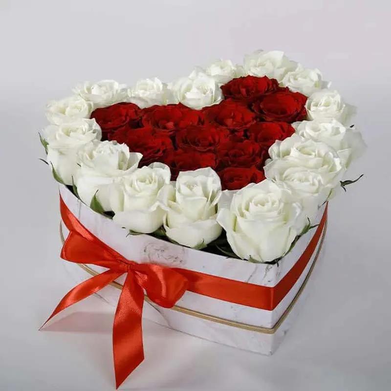 White N Red Roses in White Heart Shape Box